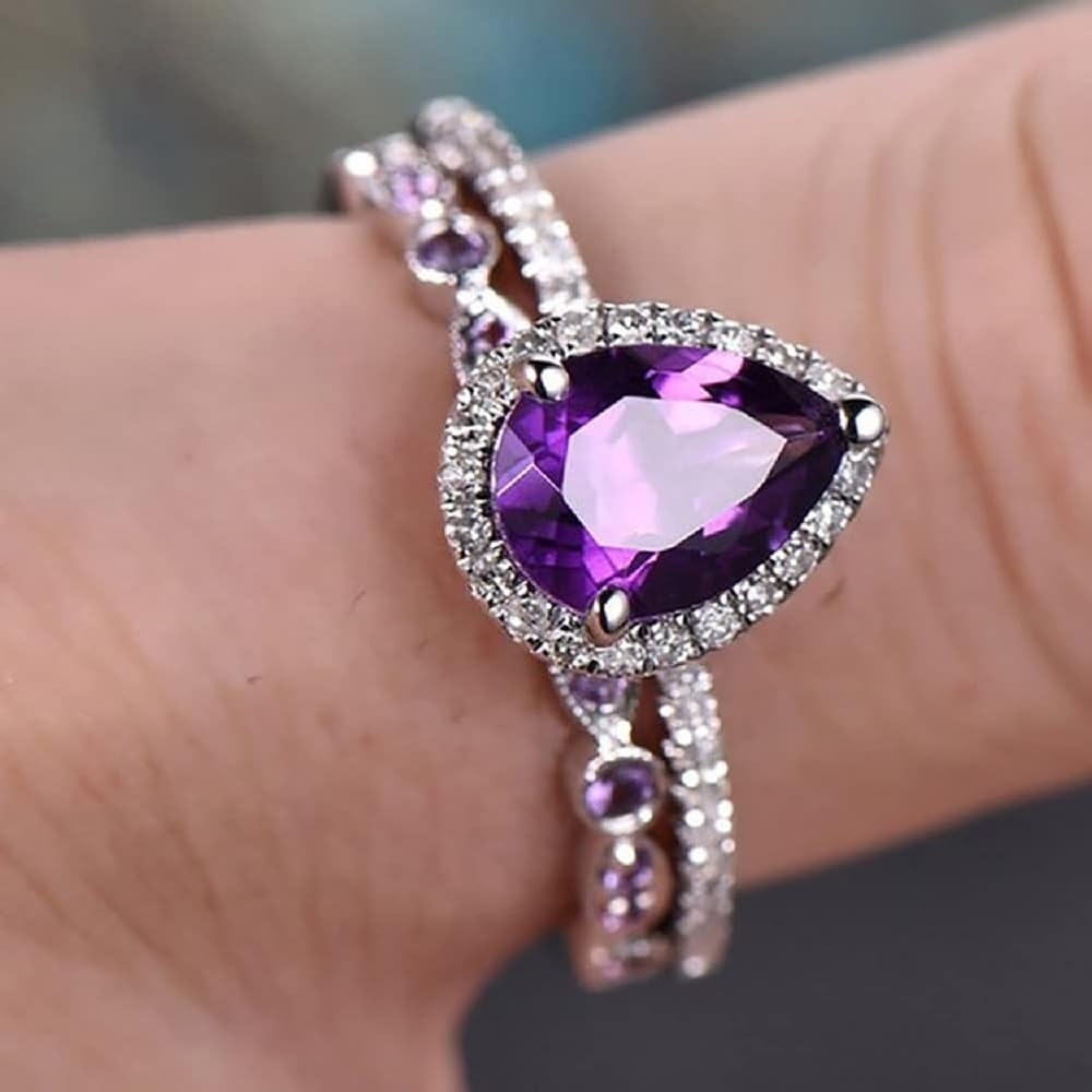 Elegant Silver Plated Purple Teardrop Ring Size US 8
